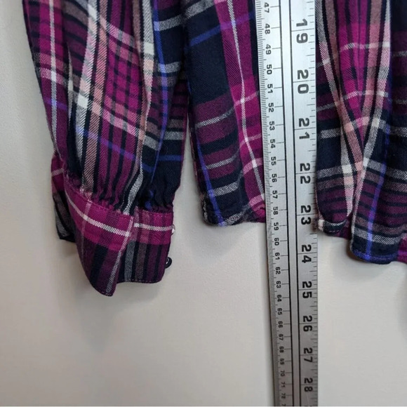 Chico's Purple Navy Ruffled Plaid Button Down Blouse Size 2 - Large Womens - Picture 7 of 11